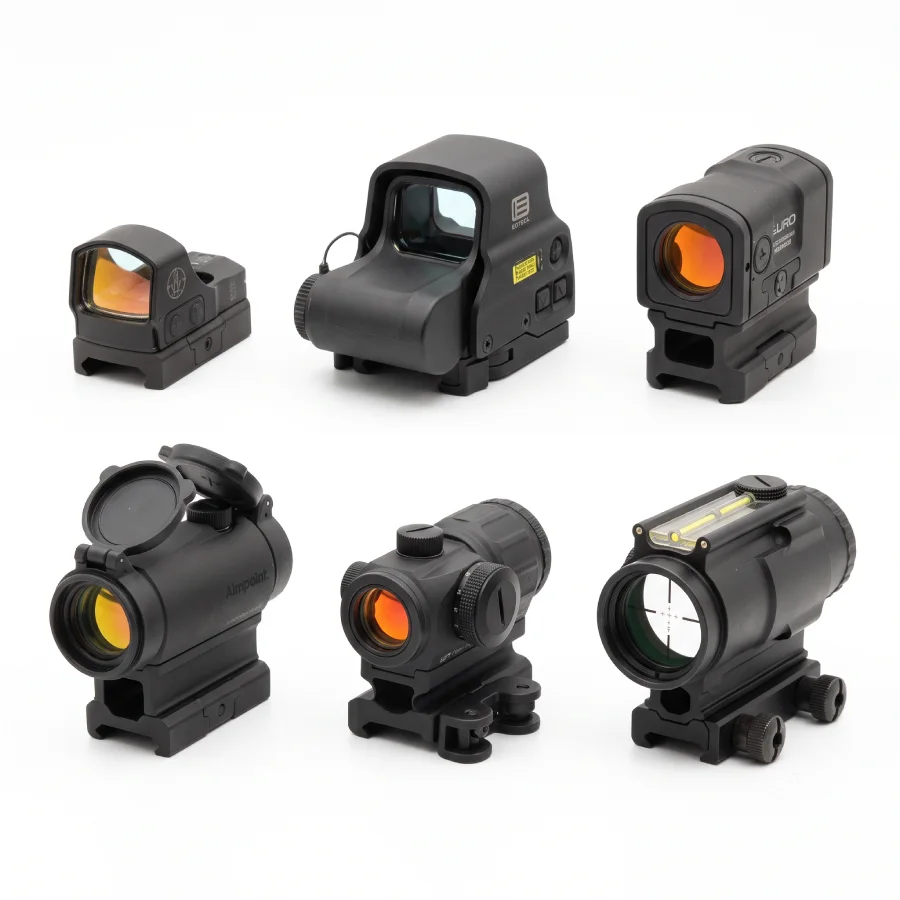 rotpunktvisier-pistole-langwaffe-arten Rotpunktvisiere im Überblick. Auf dem Bind verschiedene Rotpunktvisiere zu sehen: Mini Red Dot Sight (MRDS), Open-Emitter Rotpunktvisier, Closed-Emitter Rotpunktvisier, Tube Red Dot (Röhrenvisier), Reflexvisier, Prismatische Rotpunktvisiere.