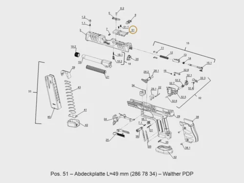 Walther PDP Abdeckplatte für Optik-Ausschnitt (L ≈ 49 mm) – Explosionszeichnung Pos. 51