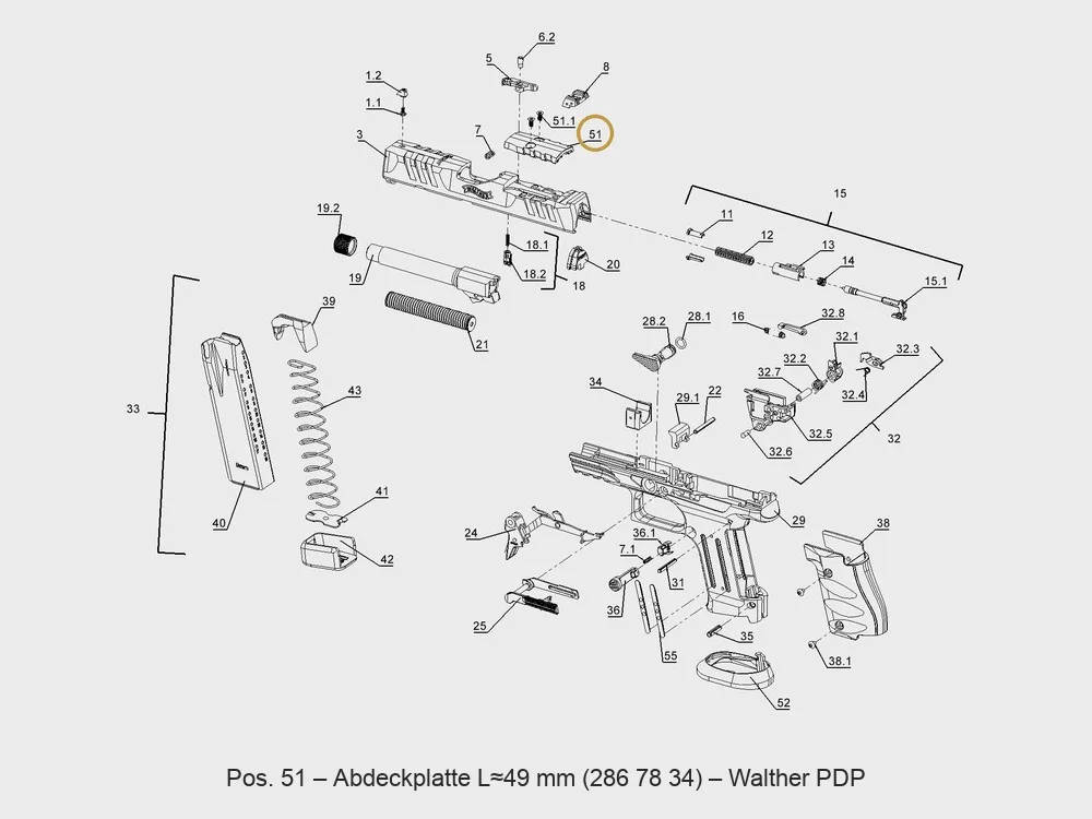 Walther PDP Abdeckplatte für Optik-Ausschnitt (L ≈ 49 mm) – Explosionszeichnung Pos. 51