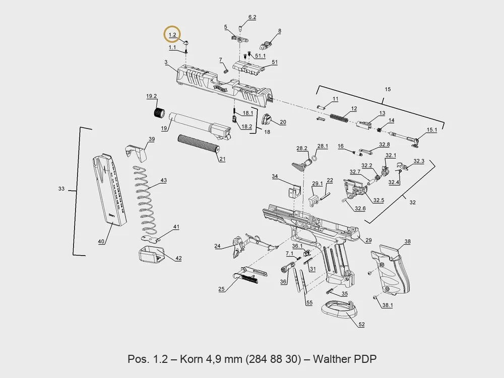 Walther PDP Korn 4,9 mm (Kunststoff) – Explosionszeichnung Pos. 1.2