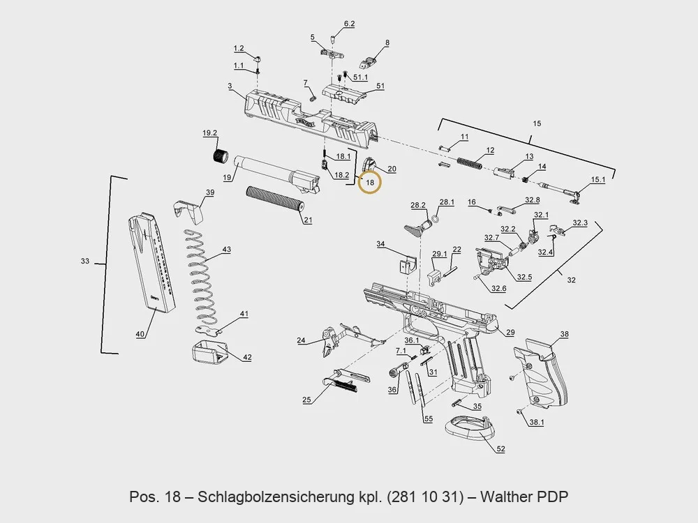 Walther PDP Schlagbolzensicherung komplett – Explosionszeichnung Pos. 18