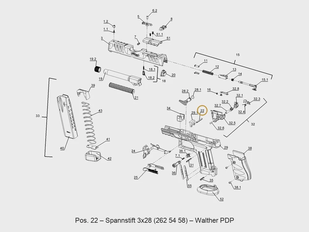 Walther PDP Spannstift 3x28 – Explosionszeichnung Pos. 22